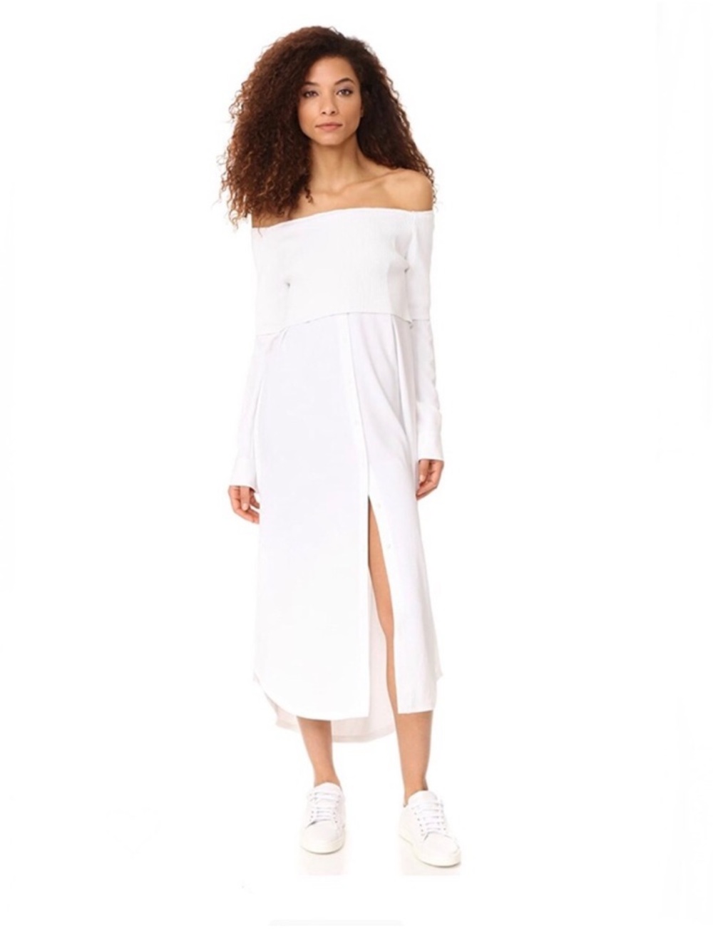 DKNY Off-Shoulder White Midi Dress with Front Slit